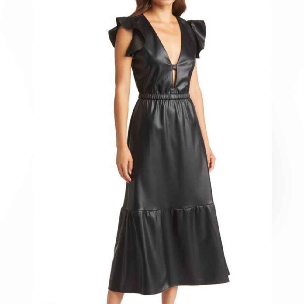 Fourteenth Place saffia flutter sleeve faux leather a line dress